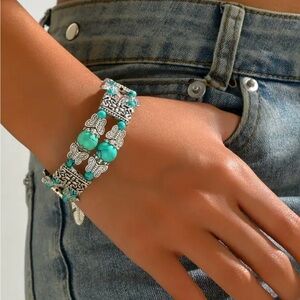 Boho Retro Double Row Turquoise Beaded Antique Butterfly Carved Feather Bracelet